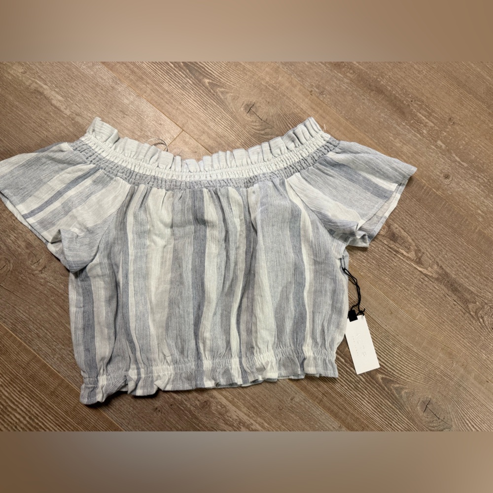 NWT Astr The Label Blue and White Off-Shoulder Top Linen Cotton Med